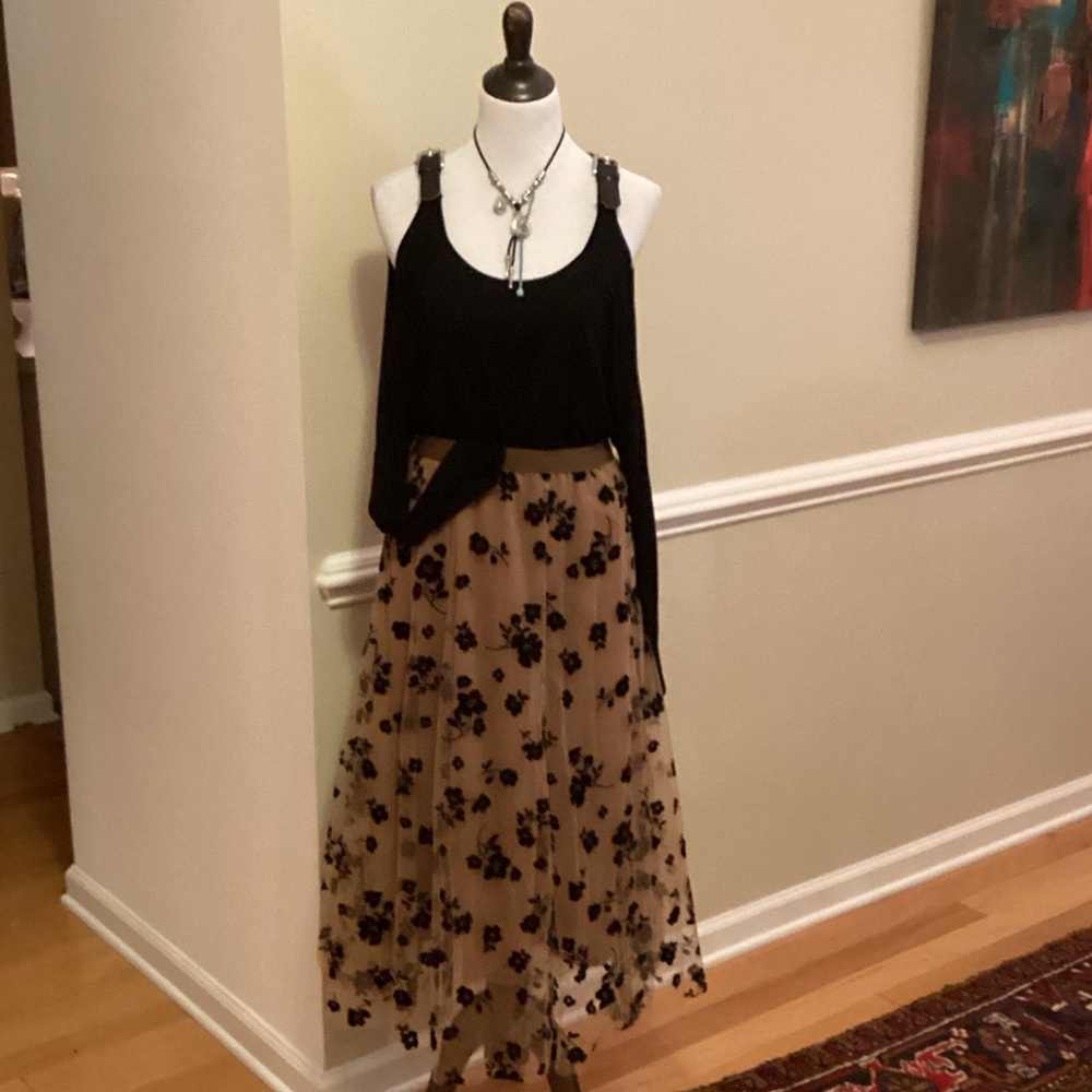 Elegant taupe triple layer Skirt with Black Floral Flocking